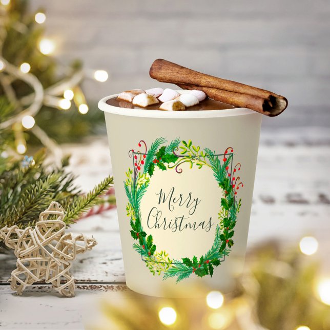 Elegant Rustic Modern Green Taupe Merry Christmas Paper Cups (Creator Uploaded)