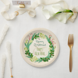 Elegant Rustic Modern Green Taupe Merry Christmas Paper Plate