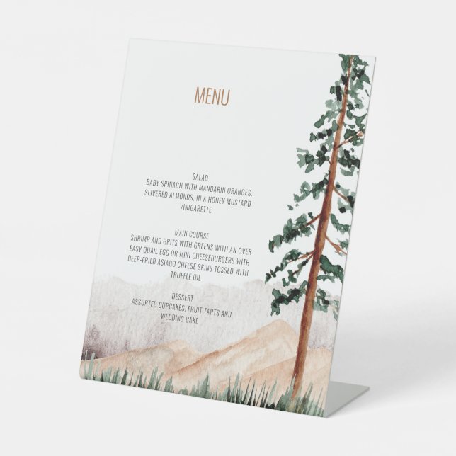 Elegant Rustic Mountains Trees Landscape Menu Pedestal Sign (Front)