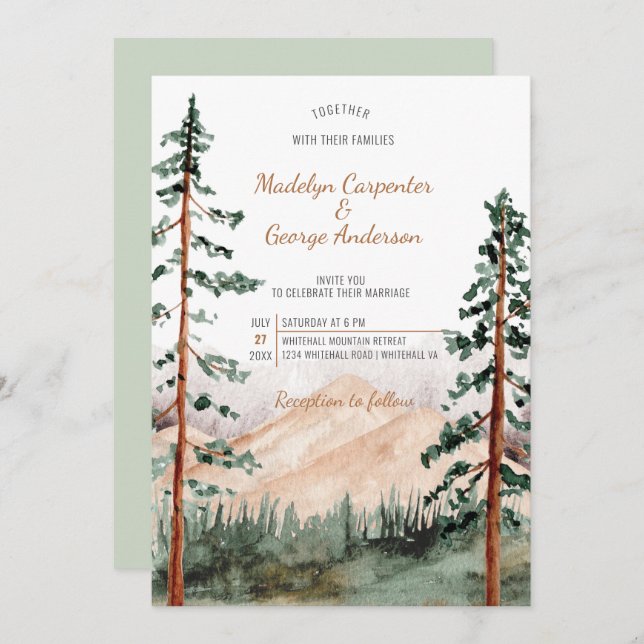 Elegant Rustic Mountains Trees Landscape Wedding Invitation (Front/Back)