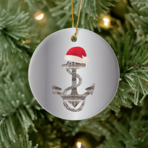 elegant rustic nautical ANCHOR + SANTA HAT   Ceramic Tree Decoration