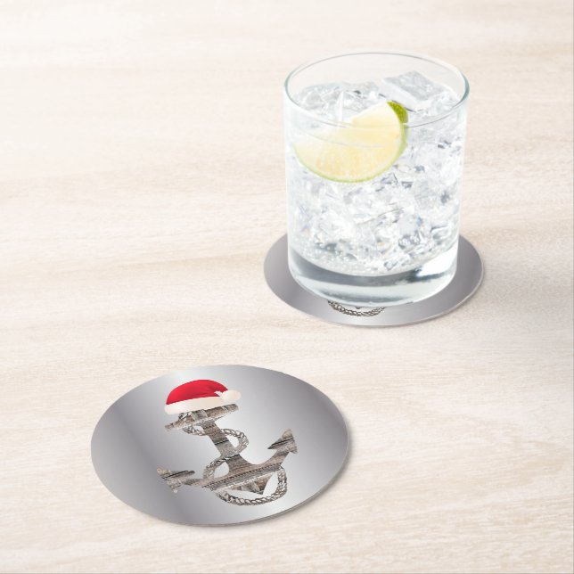 elegant rustic nautical ANCHOR + SANTA HAT | Round Paper Coaster (Insitu)