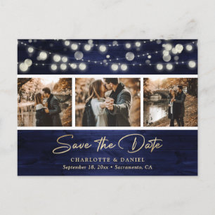 Elegant Rustic Navy Blue Gold Wood Photo Wedding Announcement Postcard