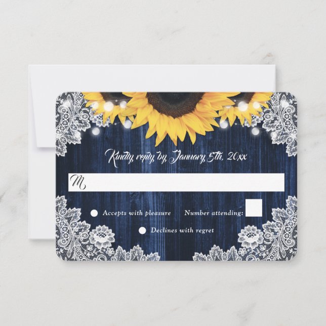 Elegant Rustic Navy Blue Wood Sunflower Wedding RSVP Card (Front)