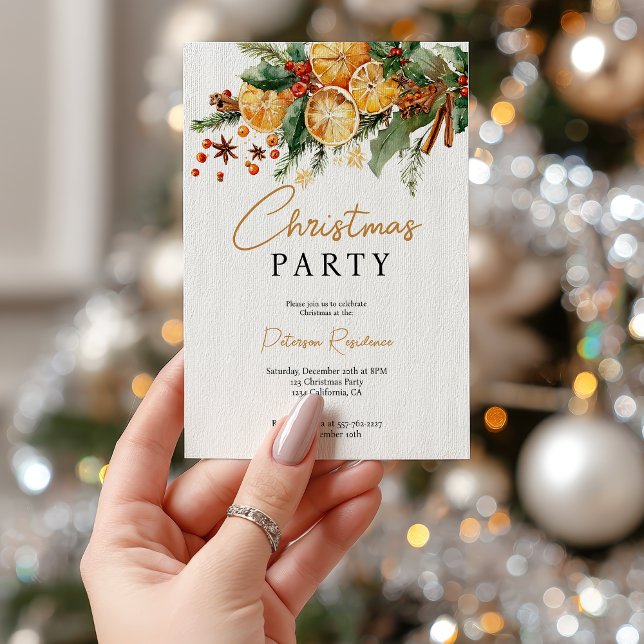 Elegant Rustic Orange and Pine Christmas Party Invitation (Elegant Rustic Orange and Pine Christmas Party Invitation)