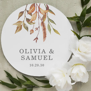 Elegant Rustic Orange Brown Green Leaves Wedding  Classic Round Sticker