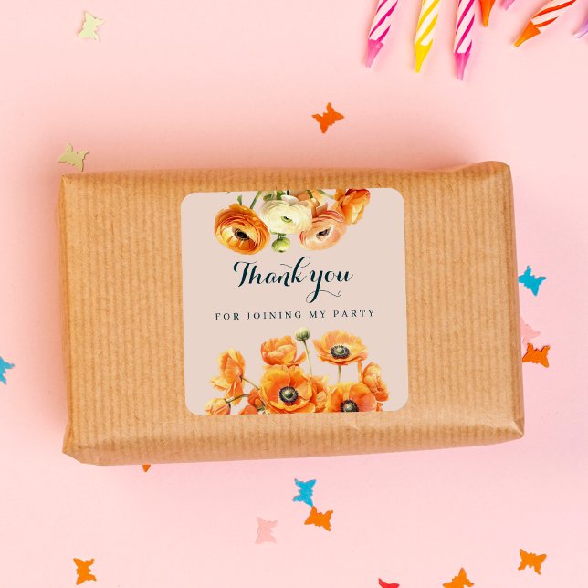 Elegant Rustic Orange Floral Birthday Pink Square Sticker (Creator Uploaded)