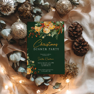 Elegant Rustic Orange Pine Christmas Party Green Invitation