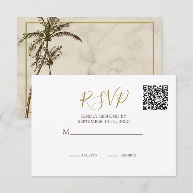 Elegant  Rustic Palm Tree QR Code Wedding RSVP Card (Front/Back)