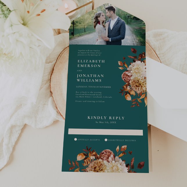 Elegant Rustic Photo Wedding All In One Invitation (Elegant Rustic Teal Floral Photo Wedding All In One Invitation by Painted Paperie
)