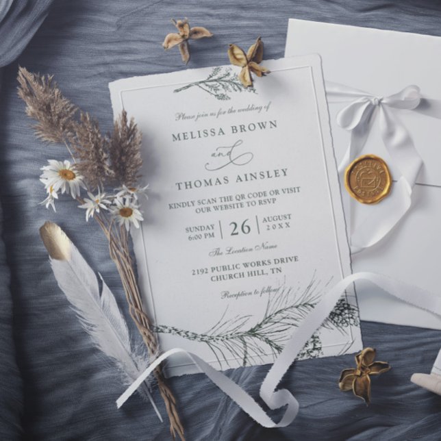 Elegant Rustic Pine Branch QR Code Wedding Invitation (Creator Uploaded)