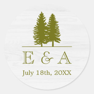 Elegant Rustic Pine Trees on White Wood Background Classic Round Sticker