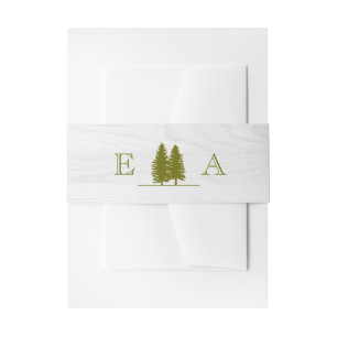 Elegant Rustic Pine Trees on White Wood Background Invitation Belly Band