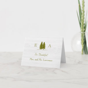 Elegant Rustic Pine Trees on White Wood Background Thank You Card