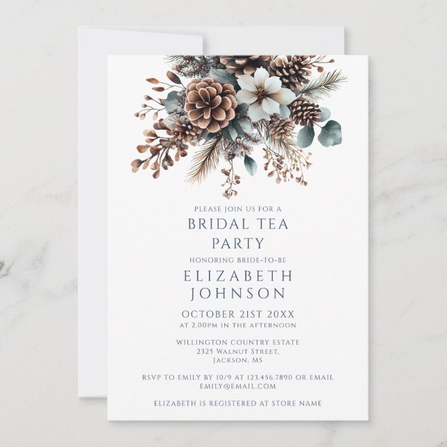 Elegant Rustic Pinecone Floral Bridal Tea Party Invitation (Front)