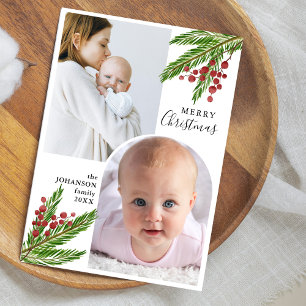 Elegant Rustic Pines & Berries 2 Photo Christmas Holiday Card