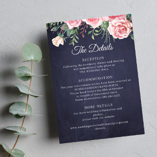 Elegant rustic pink floral navy wedding details enclosure card