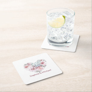 Elegant Rustic Pink Modern Chic Heart Script Square Paper Coaster