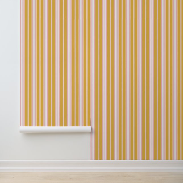 Elegant Rustic Pink Mustard Yellow Stripes Wallpaper (Application)