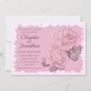 Elegant rustic pink roses floral wedding invitation