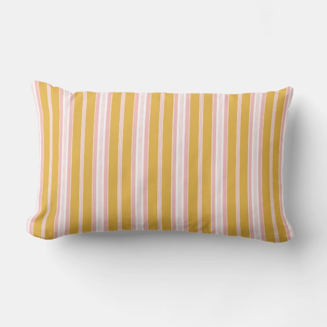 Elegant Rustic Pink Yellow Ticking Stripes Lumbar Cushion (Front)