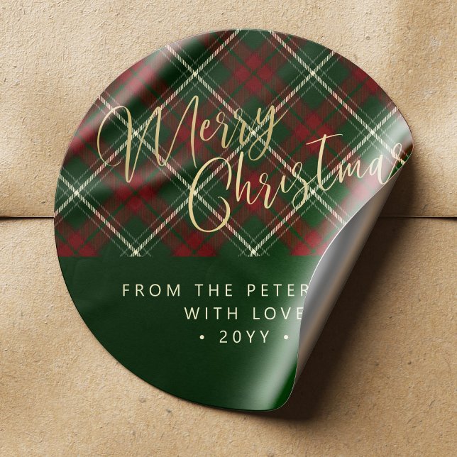 Elegant rustic plaid red and green Merry Christmas Classic Round Sticker (Creator Uploaded)