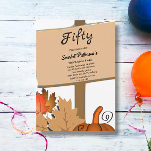 Elegant Rustic Pumpkin Leaves Fall 50th Birthday Invitation