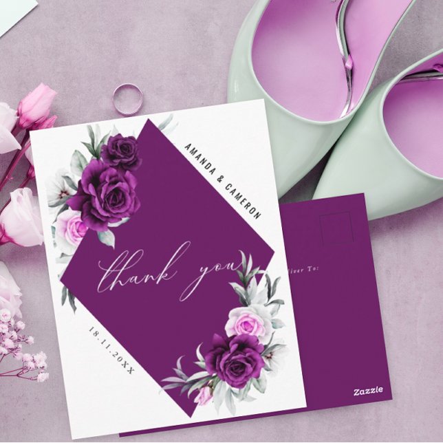 Elegant Rustic Purple Blush Wedding Thank You Postcard (Creator Uploaded)