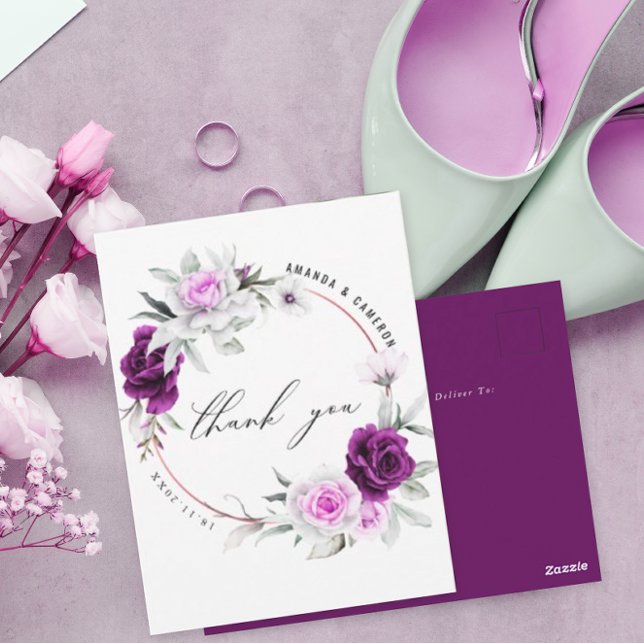 Elegant Rustic Purple Blush Wedding Thank You Postcard (Creator Uploaded)