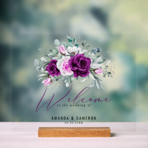 Elegant Rustic Purple Blush Wedding Welcome Acrylic Sign