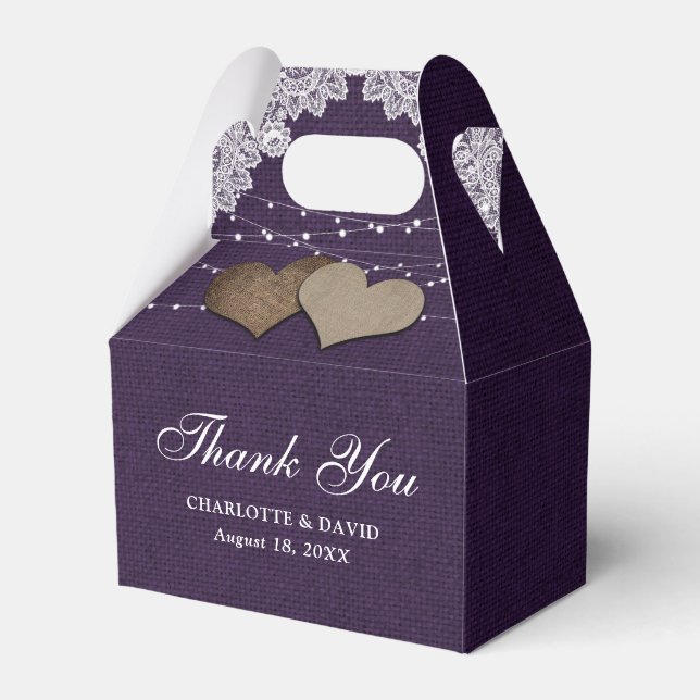Elegant Rustic Purple Burlap Lace Wedding Favour Box (Front Side)