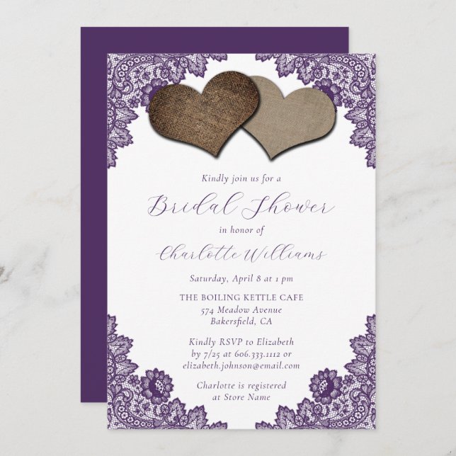 Elegant Rustic Purple Floral Lace Bridal Shower Invitation (Front/Back)