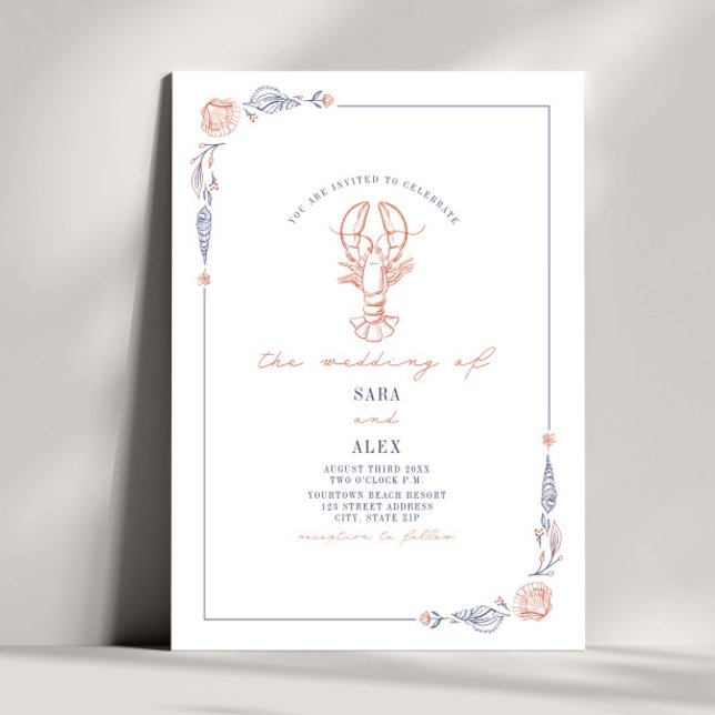 Elegant Rustic Red & Blue Beach Wedding Lobster Invitation (Creator Uploaded)