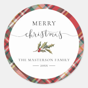 Elegant Rustic Red Checkered Plaid Christmas Classic Round Sticker
