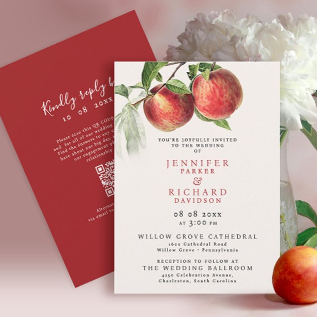 Elegant Rustic Red Peach Fruits Botanical Wedding Invitation (Creator Uploaded)