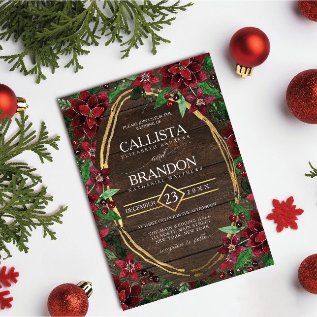 Elegant Rustic Red Poinsettia Floral Wood Wedding Invitation (Creator Uploaded)