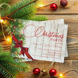 Elegant Rustic Ribbon & Pine Xmas Holiday Invitation