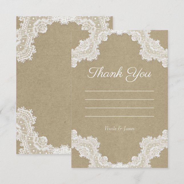 Elegant Rustic Romance White Lace Kraft Thank You Invitation (Front/Back)