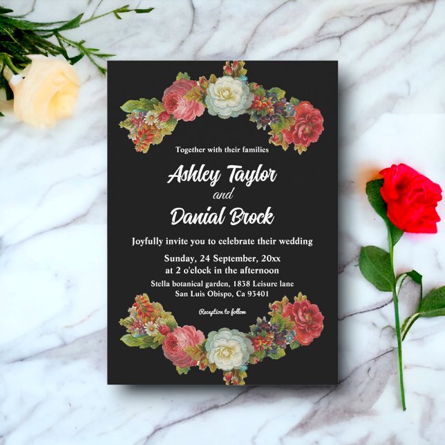 Elegant Rustic Romantic Boho Black Floral Wedding Invitation (Creator Uploaded)