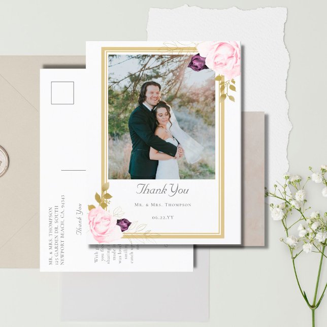 Elegant Rustic Roses Gold Wedding Photo Thank You Postcard (Creator Uploaded)