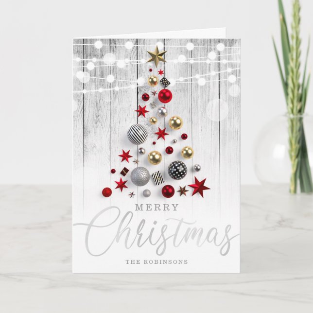 Elegant Rustic Silver Gold Christmas Tree Holiday Card (Front)