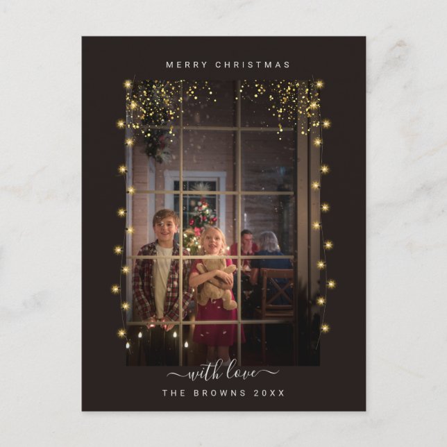 Elegant & Rustic String Lights Frame Custom Photo Holiday Postcard (Front)