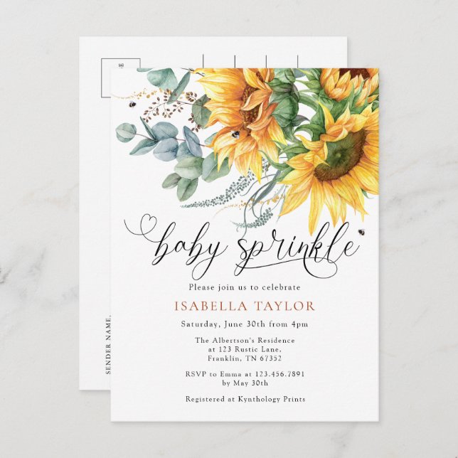 Elegant Rustic Sunflower Baby Shower Sprinkle Invitation Postcard (Front/Back)
