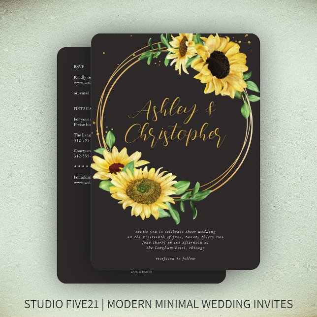 Elegant Rustic Sunflower Black All-in-One Wedding Invitation (Creator Uploaded)