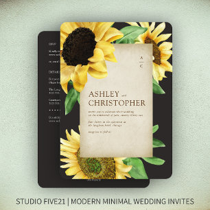 Elegant Rustic Sunflower Black All-in-One Wedding Invitation