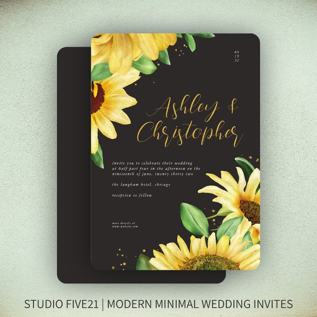 Elegant Rustic Sunflower Black Wedding Invitation (Creator Uploaded)