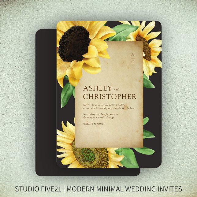 Elegant Rustic Sunflower Black Wedding Invitation (Creator Uploaded)