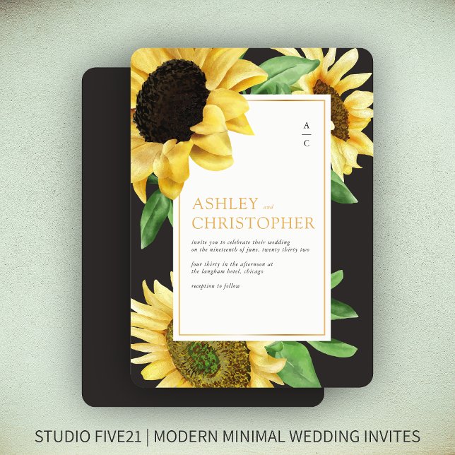 Elegant Rustic Sunflower Black Wedding Invitation (Creator Uploaded)