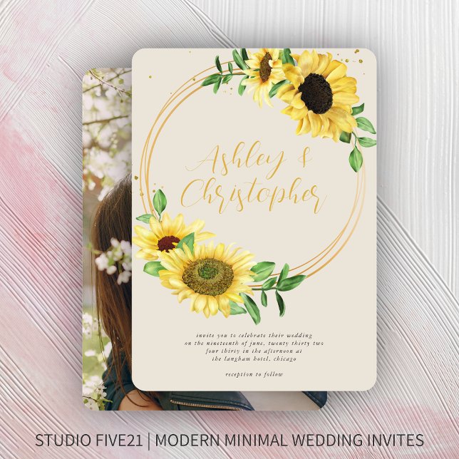 Elegant Rustic Sunflower Bone Photo Wedding Invitation (Creator Uploaded)