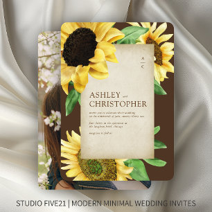 Elegant Rustic Sunflower Brown Photo Wedding Invitation